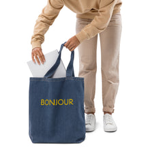 Load image into Gallery viewer, Bonjour embroidered denim tote bag