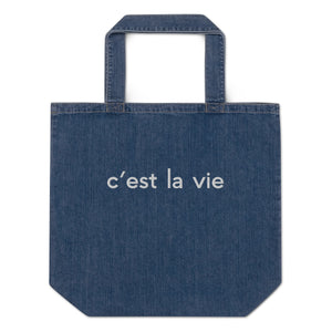 C'est la vie embroidered denim tote bag