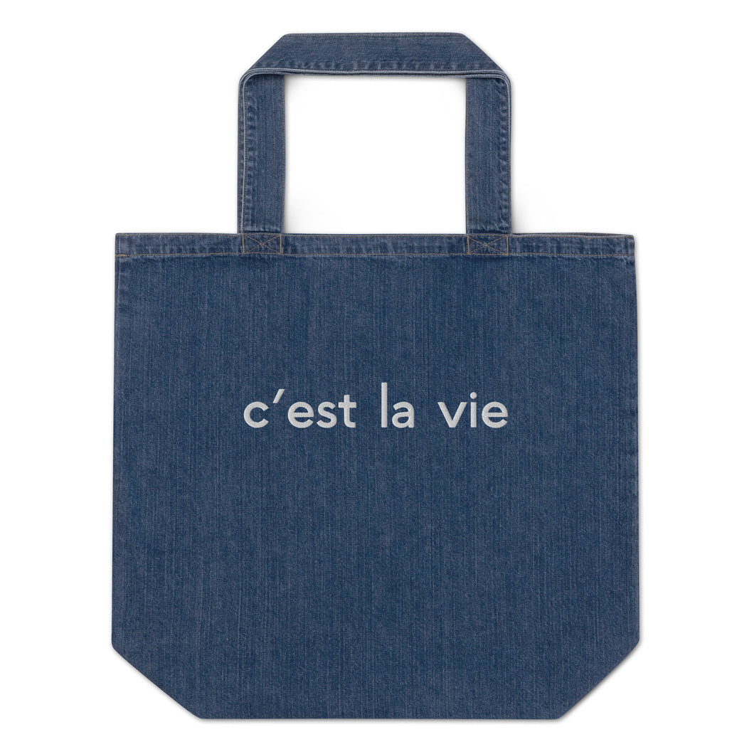 C'est la vie embroidered denim tote bag