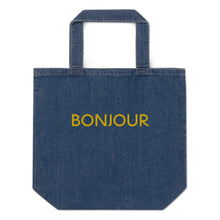 Load image into Gallery viewer, Bonjour embroidered denim tote bag