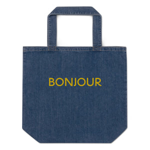Bonjour embroidered denim tote bag