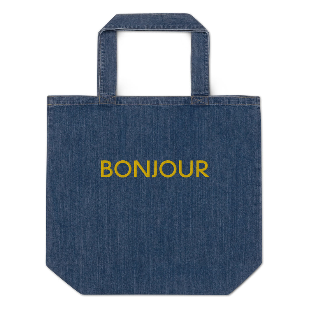Bonjour embroidered denim tote bag